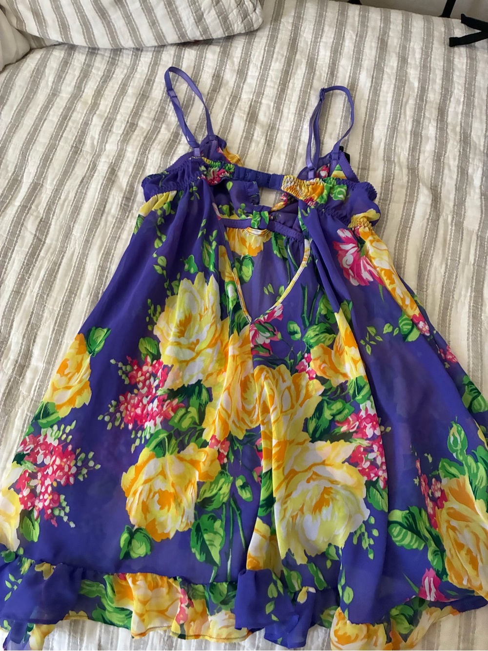 Betsey Johnson Purple Floral Spaghetti-Strap Camisole Dress with Yellow Roses